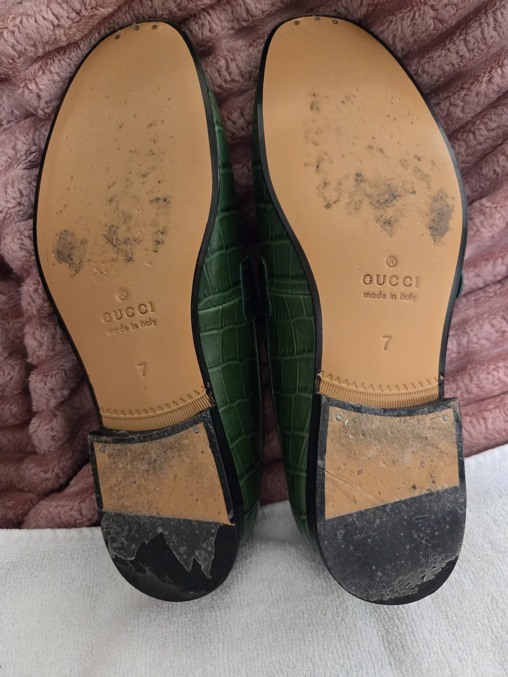 Gucci Green Crocodile-Embossed GG Web Loafers with Gold Hardware